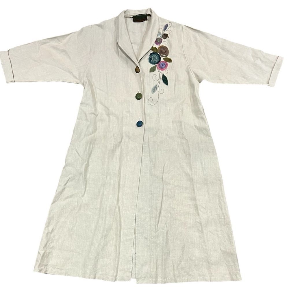 Elegant Cream Full Length Linen Coat with Floral Embroidery